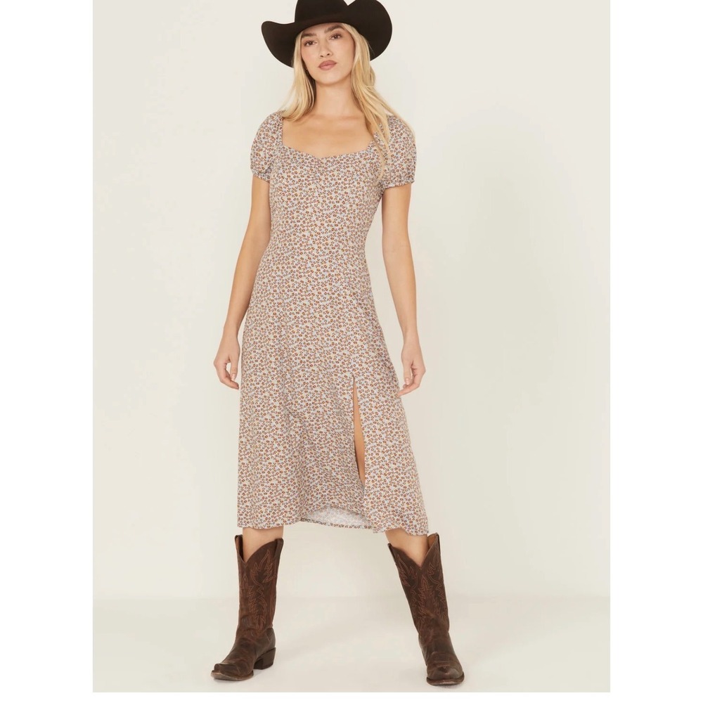 Idyllwind Miranda Lambert Blue Ditsy Floral Smocked Midi Dress XXL Slit Western